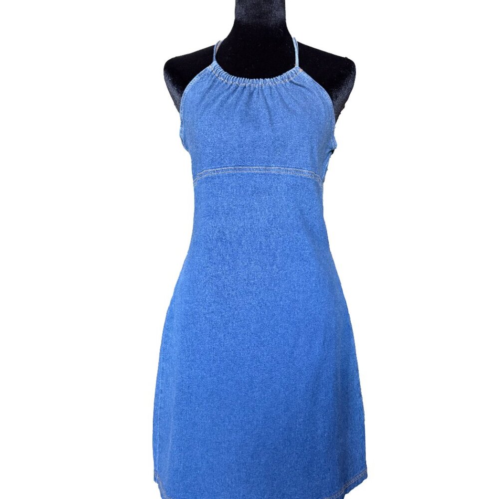 VTG 90s Y2K Denim Halter Dress • Open Back Blue Jean Mini • Small